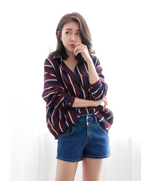 gracegift（グレースギフト）の「韓國輕盈直條紋開襟襯衫（その他・レディース・酒紅/卡其・F）」の5枚目の写真