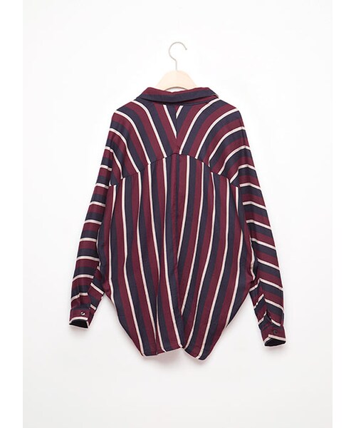 gracegift（グレースギフト）の「韓國輕盈直條紋開襟襯衫（その他・レディース・酒紅/卡其・F）」の2枚目の写真