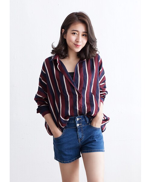 gracegift（グレースギフト）の「韓國輕盈直條紋開襟襯衫（その他・レディース・酒紅/卡其・F）」の4枚目の写真