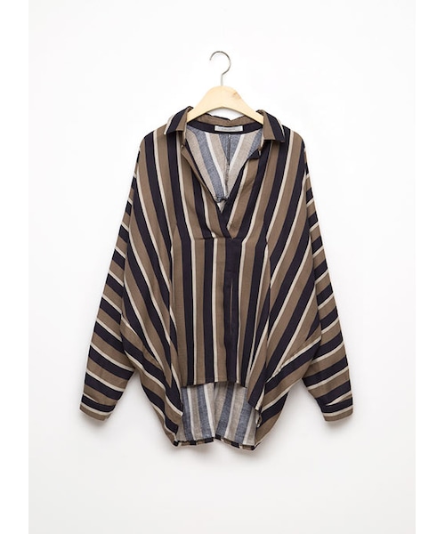 gracegift（グレースギフト）の「韓國輕盈直條紋開襟襯衫（その他・レディース・酒紅/卡其・F）」の6枚目の写真