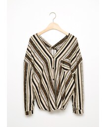 gracegift | 韓國民族V字領條紋印花上衣(トップス)