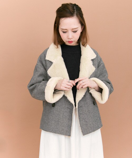 KBF（ケイビーエフ）の「人字紋絨毛夾克外套（ジャケット/アウター・レディース・灰色/炭黑色・one）」の8枚目の写真