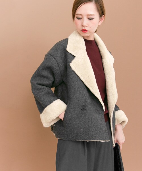 KBF（ケイビーエフ）の「人字紋絨毛夾克外套（ジャケット/アウター・レディース・灰色/炭黑色・one）」の3枚目の写真