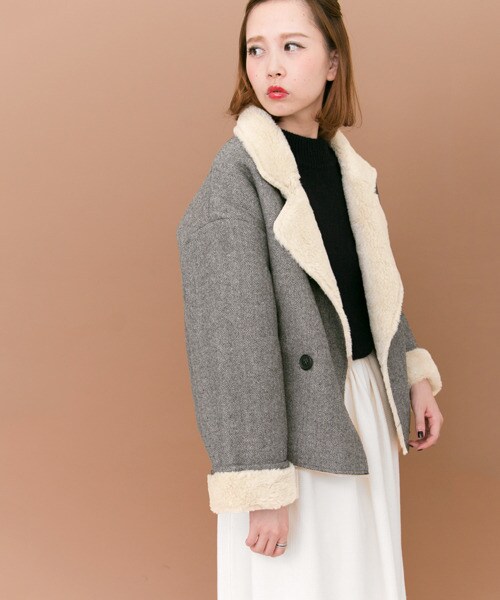 KBF（ケイビーエフ）の「人字紋絨毛夾克外套（ジャケット/アウター・レディース・灰色/炭黑色・one）」の7枚目の写真