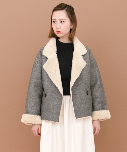 KBF（ケイビーエフ）の「人字紋絨毛夾克外套（ジャケット/アウター・レディース・灰色/炭黑色・one）」の10枚目の写真