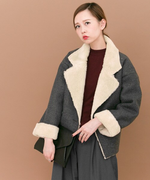 KBF（ケイビーエフ）の「人字紋絨毛夾克外套（ジャケット/アウター・レディース・灰色/炭黑色・one）」の5枚目の写真