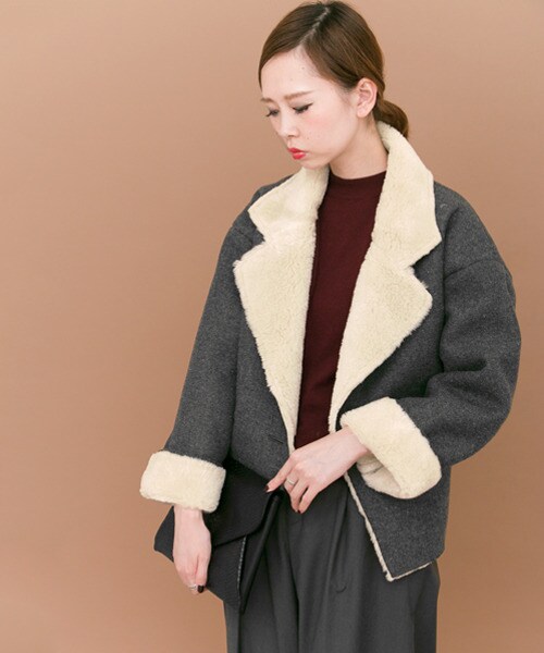 KBF（ケイビーエフ）の「人字紋絨毛夾克外套（ジャケット/アウター・レディース・灰色/炭黑色・one）」の4枚目の写真