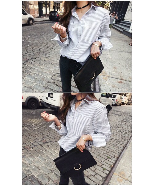 Aco Design(アコデザイン)の「ストライプシャツ レディース 長袖/コットンシャツ ストライプ ロングシャツ(シャツ/ブラウス・レディース・アイボリー・肩幅:49 バスト:106 袖丈:58.5 袖幅:17.5 着丈:前72/後74)」の2枚目の写真