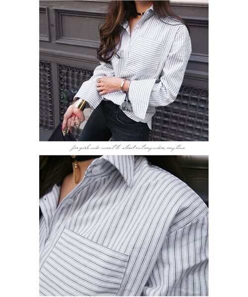 Aco Design(アコデザイン)の「ストライプシャツ レディース 長袖/コットンシャツ ストライプ ロングシャツ(シャツ/ブラウス・レディース・アイボリー・肩幅:49 バスト:106 袖丈:58.5 袖幅:17.5 着丈:前72/後74)」の3枚目の写真