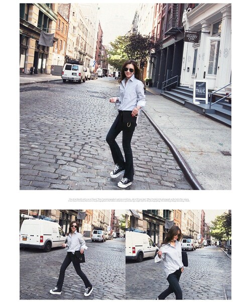 Aco Design(アコデザイン)の「ストライプシャツ レディース 長袖/コットンシャツ ストライプ ロングシャツ(シャツ/ブラウス・レディース・アイボリー・肩幅:49 バスト:106 袖丈:58.5 袖幅:17.5 着丈:前72/後74)」の6枚目の写真