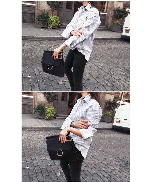 Aco Design(アコデザイン)の「ストライプシャツ レディース 長袖/コットンシャツ ストライプ ロングシャツ(シャツ/ブラウス・レディース・アイボリー・肩幅:49 バスト:106 袖丈:58.5 袖幅:17.5 着丈:前72/後74)」の7枚目の写真