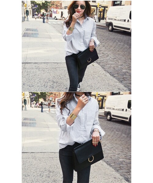 Aco Design(アコデザイン)の「ストライプシャツ レディース 長袖/コットンシャツ ストライプ ロングシャツ(シャツ/ブラウス・レディース・アイボリー・肩幅:49 バスト:106 袖丈:58.5 袖幅:17.5 着丈:前72/後74)」の8枚目の写真