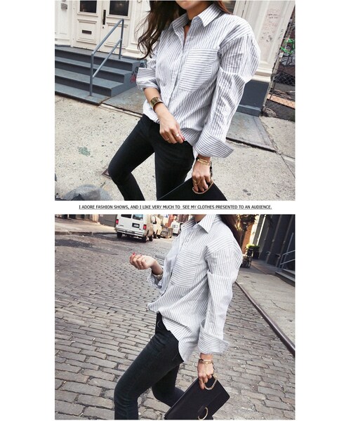 Aco Design(アコデザイン)の「ストライプシャツ レディース 長袖/コットンシャツ ストライプ ロングシャツ(シャツ/ブラウス・レディース・アイボリー・肩幅:49 バスト:106 袖丈:58.5 袖幅:17.5 着丈:前72/後74)」の10枚目の写真