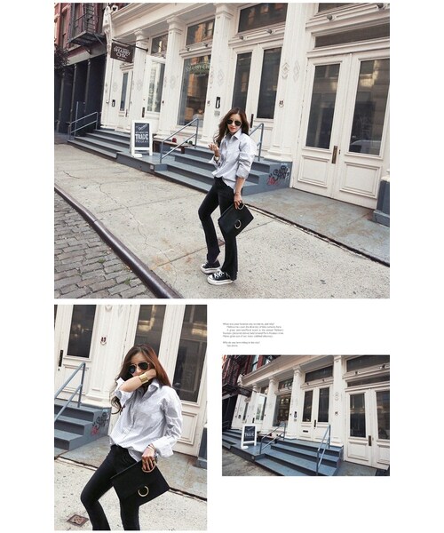 Aco Design(アコデザイン)の「ストライプシャツ レディース 長袖/コットンシャツ ストライプ ロングシャツ(シャツ/ブラウス・レディース・アイボリー・肩幅:49 バスト:106 袖丈:58.5 袖幅:17.5 着丈:前72/後74)」の11枚目の写真