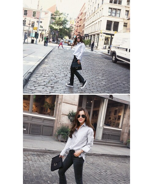 Aco Design(アコデザイン)の「ストライプシャツ レディース 長袖/コットンシャツ ストライプ ロングシャツ(シャツ/ブラウス・レディース・アイボリー・肩幅:49 バスト:106 袖丈:58.5 袖幅:17.5 着丈:前72/後74)」の12枚目の写真