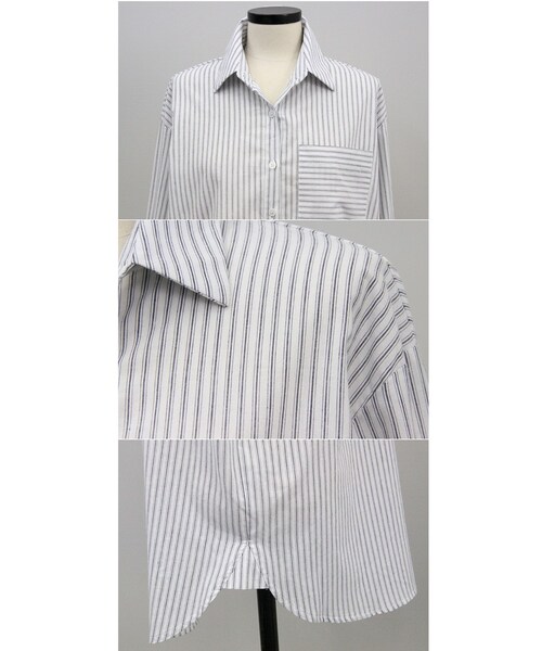 Aco Design(アコデザイン)の「ストライプシャツ レディース 長袖/コットンシャツ ストライプ ロングシャツ(シャツ/ブラウス・レディース・アイボリー・肩幅:49 バスト:106 袖丈:58.5 袖幅:17.5 着丈:前72/後74)」の14枚目の写真