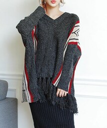 DHOLIC | フリンジヘムVネックエスニック柄ラインニット(ニット/セーター)