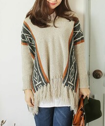 DHOLIC | フリンジヘムVネックエスニック柄ラインニット(ニット/セーター)