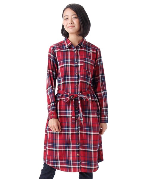 Honeys（ハニーズ）の「チェックシャツワンピース（ワンピース・レディース・コン/コン×アイボリー/アカ/アカ×ベージュ・Ｍ/Ｌ/ＬＬ）」の3枚目の写真