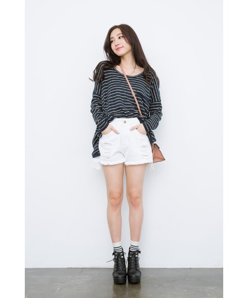 ORENDA（オレンダ）の「顯瘦蕾絲花邊刷破高腰牛仔短褲（パンツ・レディース・白/黑・S/M/L/XL）」の4枚目の写真