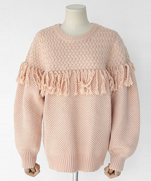 DHOLIC（ディーホリック）の「フリンジポイントダブルデザインニットプルオーバー（ニット/セーター・レディース・グレー/ピンク/ベージュ・FREE）」の3枚目の写真