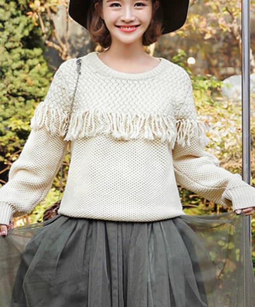 DHOLIC（ディーホリック）の「フリンジポイントダブルデザインニットプルオーバー（ニット/セーター・レディース・グレー/ピンク/ベージュ・FREE）」の2枚目の写真