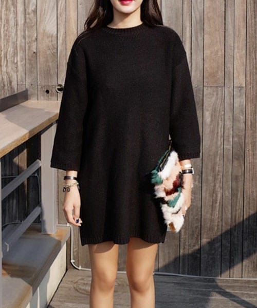 DHOLIC（ディーホリック）の「ルーズフィットベーシックニットワンピース（ワンピース・レディース・アイボリー/カーキ/ダークベージュ/ブラック・FREE）」の2枚目の写真