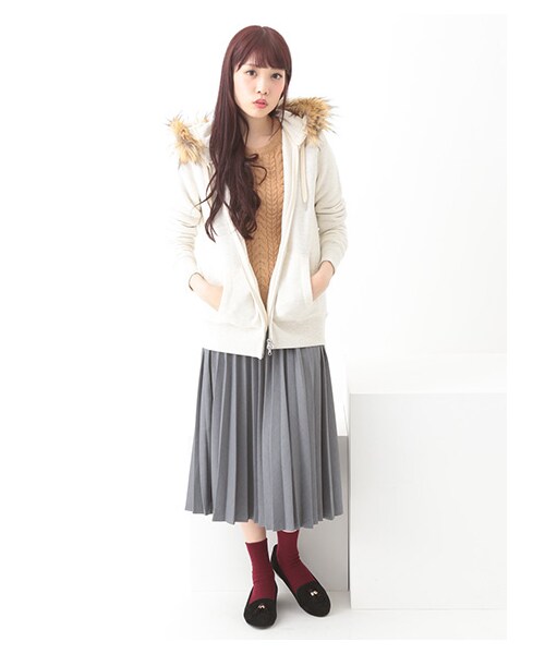 earth music&ecology（アースミュージックアンドエコロジー）の「＜WEB限定大きな・小さなサイズ＞すきな丈プリーツスカート ミモレ（スカート・杢ライトグレー/ボルドー/キャメル/ネイビー/ダークブル・XS/L）」の14枚目の写真