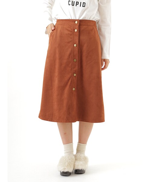 w closet（ダブルクローゼット）の「裏地付スエード調前開きスカート（スカート・レディース・ブラウン/ブラック・FREE）」の3枚目の写真