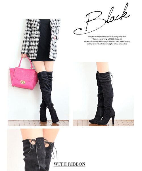 MOERY（モエリー）の「調節リボン付きニーハイブーツ（ブーツ・レディース・キャメル/ブラック/グレージュ・S(約22.5～23cm)/M(23.5～24cm)/M(約23.5～24cm)/L(約24.5～25cm)）」の4枚目の写真