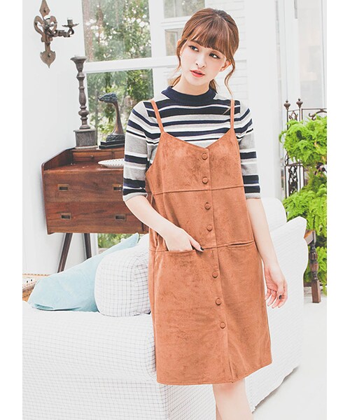 gracegift（グレースギフト）の「韓國麂皮排釦吊帶裙（その他・レディース・卡其・F）」の5枚目の写真