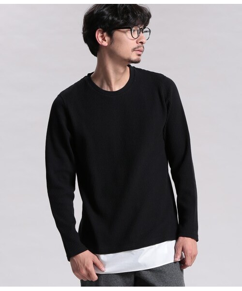 JUNRED（ジュンレッド）の「コンビネーションワッフルカットソー（トップス・メンズ・ブラック/ホワイト/グリーン系・S/M/L）」の2枚目の写真