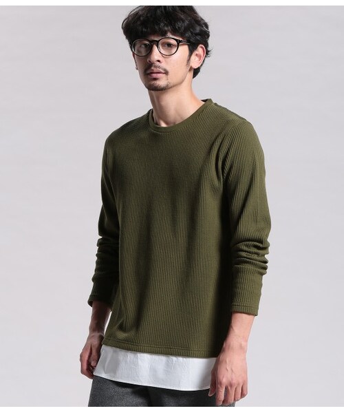 JUNRED（ジュンレッド）の「コンビネーションワッフルカットソー（トップス・メンズ・ブラック/ホワイト/グリーン系・S/M/L）」の4枚目の写真