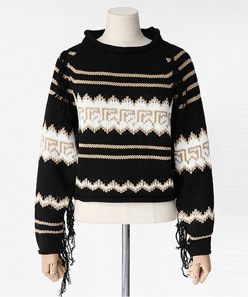DHOLIC（ディーホリック）の「フリンジポイントエスニックパターンニットプルオーバー（ニット/セーター・レディース・グレー/ブラック/ホワイトアイボリー・FREE）」の3枚目の写真