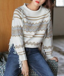 DHOLIC | フリンジポイントエスニックパターンニットプルオーバー(ニット/セーター)