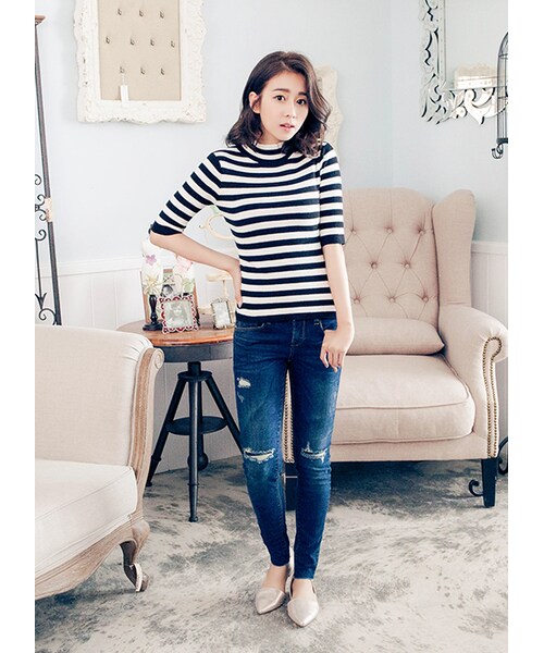 gracegift（グレースギフト）の「甜心微高領針織上衣（トップス・レディース・灰/條紋/白/黑條紋・F）」の21枚目の写真