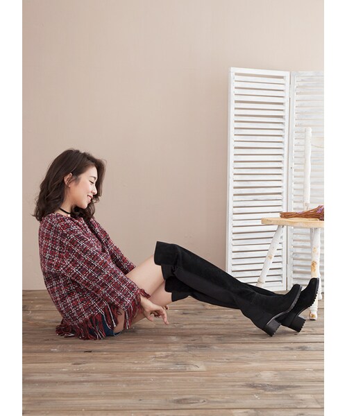 gracegift（グレースギフト）の「絨布拼接彈性貼腿過膝長靴（シューズ・レディース・黑・35/36/37/38/39/40/41）」の8枚目の写真