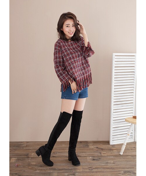 gracegift（グレースギフト）の「絨布拼接彈性貼腿過膝長靴（シューズ・レディース・黑・35/36/37/38/39/40/41）」の6枚目の写真