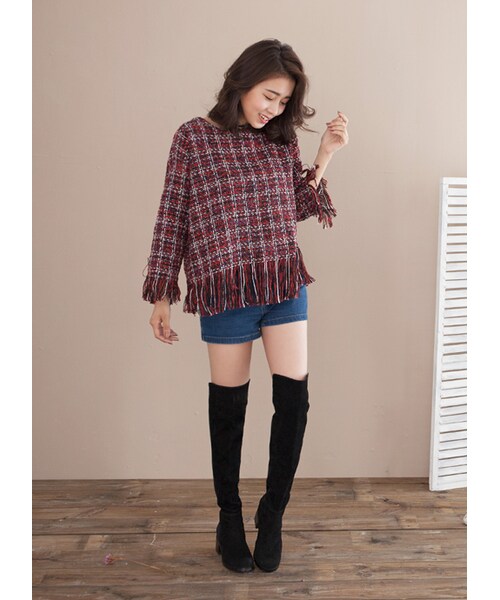 gracegift（グレースギフト）の「絨布拼接彈性貼腿過膝長靴（シューズ・レディース・黑・35/36/37/38/39/40/41）」の7枚目の写真