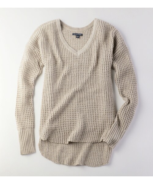 American Eagle（アメリカンイーグル）の「AEOワッフルVネックセーター（ニット/セーター・レディース・グレー/チョーク/ヘザーブラウン/ネイビー・XXS/XS/S/M/L/XL）」の4枚目の写真