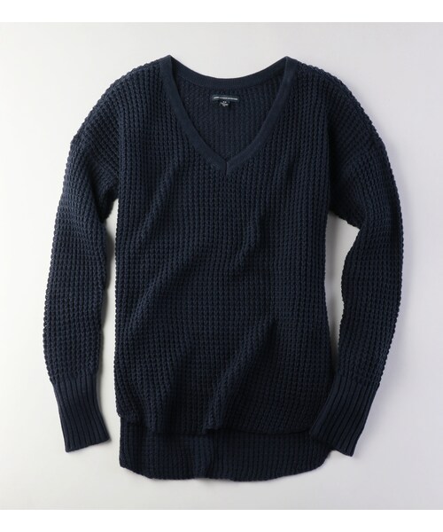 American Eagle（アメリカンイーグル）の「AEOワッフルVネックセーター（ニット/セーター・レディース・グレー/チョーク/ヘザーブラウン/ネイビー・XXS/XS/S/M/L/XL）」の2枚目の写真