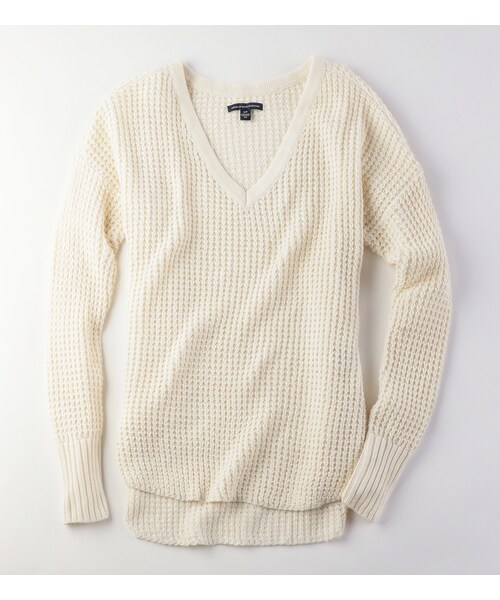 American Eagle（アメリカンイーグル）の「AEOワッフルVネックセーター（ニット/セーター・レディース・グレー/チョーク/ヘザーブラウン/ネイビー・XXS/XS/S/M/L/XL）」の3枚目の写真