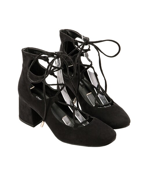 gracegift（グレースギフト）の「韓國麂皮綁帶圓頭粗跟鞋（シューズ・レディース・黑・36/37/38/39/40）」の4枚目の写真