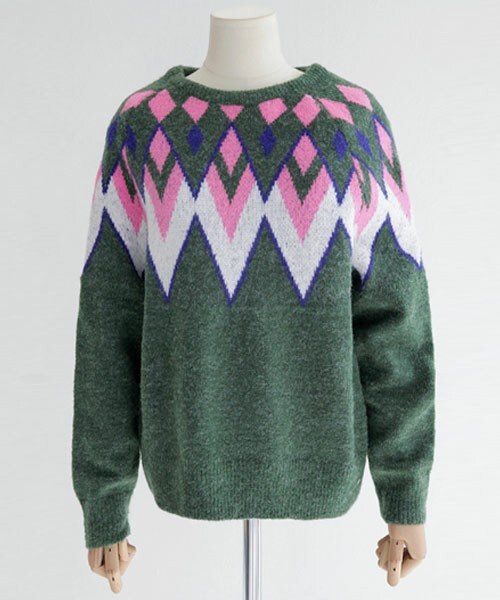 DHOLIC（ディーホリック）の「ダイヤパターンニットプルオーバー（ニット/セーター・レディース・ネイビー/グリーン・FREE）」の2枚目の写真