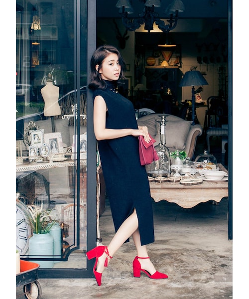 gracegift（グレースギフト）の「復古流蘇繞踝中跟鞋（シューズ・レディース・正紅・35/36/37/38/39/40/41）」の6枚目の写真