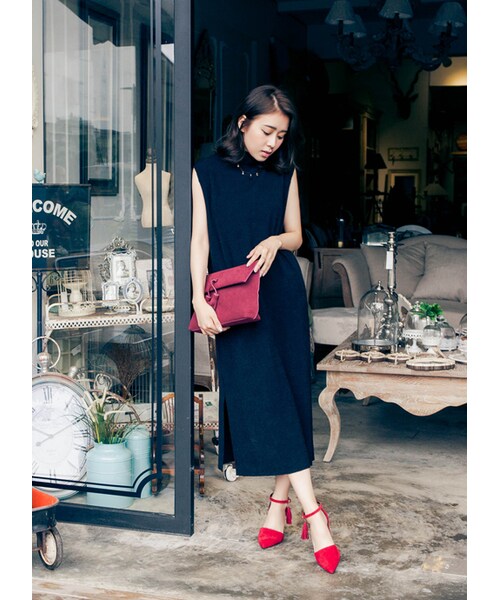 gracegift（グレースギフト）の「復古流蘇繞踝中跟鞋（シューズ・レディース・正紅・35/36/37/38/39/40/41）」の5枚目の写真