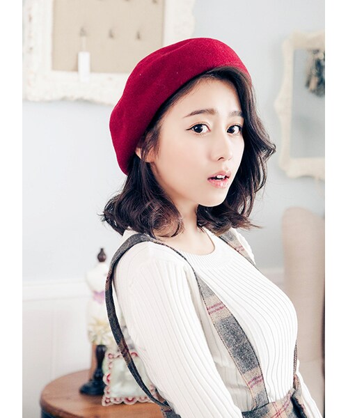 gracegift（グレースギフト）の「韓國文藝氣質素色貝蕾帽（帽子・レディース・酒紅・F）」の3枚目の写真