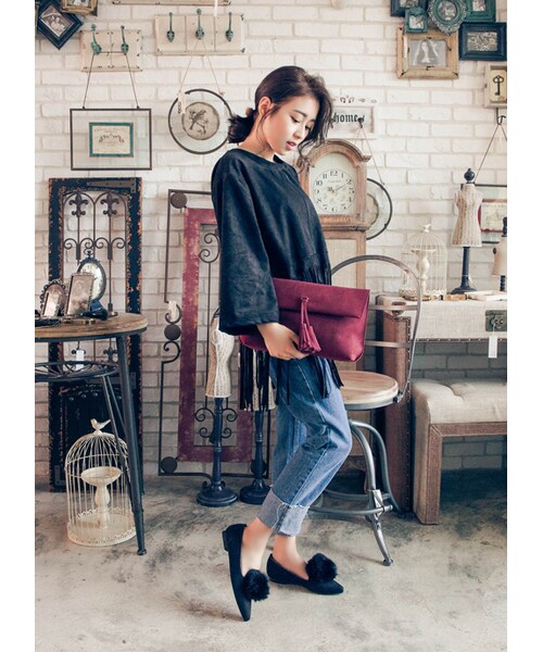 gracegift（グレースギフト）の「韓國翻折捲編麂皮流蘇包（バッグ・レディース・酒紅/黑/卡其・F）」の5枚目の写真