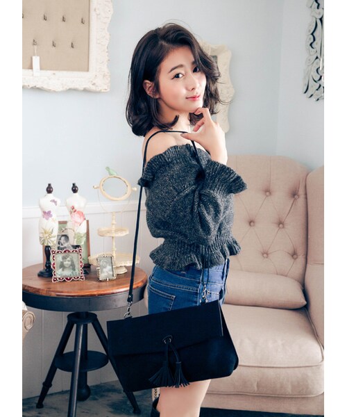 gracegift（グレースギフト）の「韓國翻折捲編麂皮流蘇包（バッグ・レディース・酒紅/黑/卡其・F）」の13枚目の写真