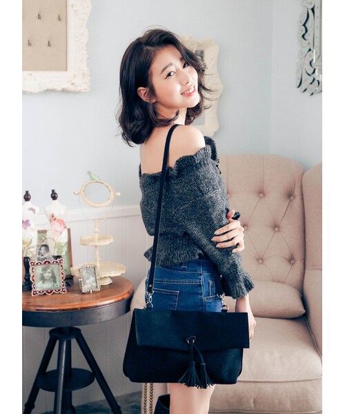 gracegift（グレースギフト）の「韓國翻折捲編麂皮流蘇包（バッグ・レディース・酒紅/黑/卡其・F）」の14枚目の写真